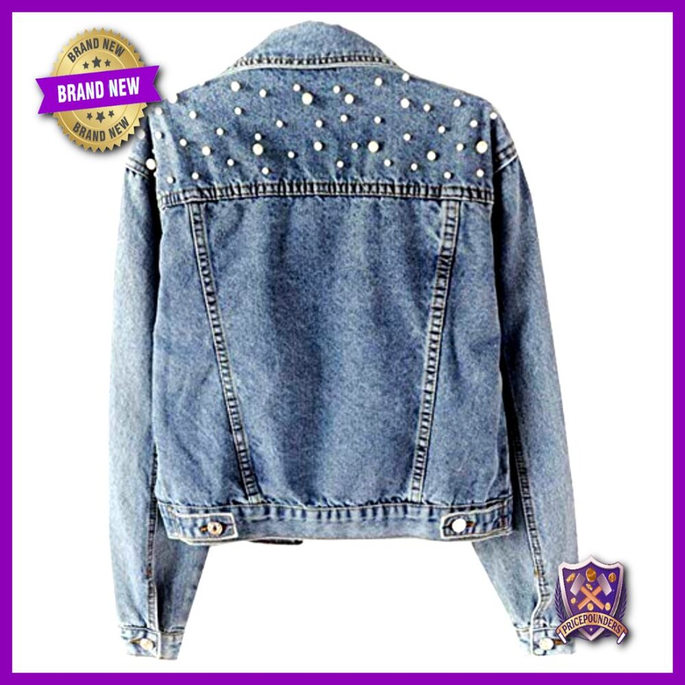 Oversized Denim Jacket Embroidered Pearl Beading Distressed Boyfriend Fit - Picture 3 of 7